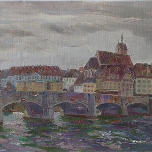 The Middle Bridge with dark clouds in Basel